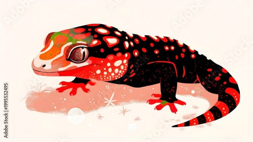 Lizard with bright colors on a sandy surface in a simple design