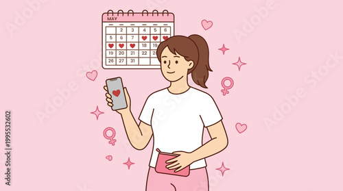 Young Woman Tracking Menstrual Cycle with Smartphone App and Calendar for Female Health and Reproductive Wellness Illustration