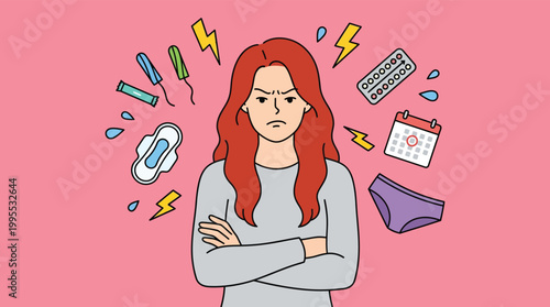 Angry Young Woman Experiencing Menstrual Pain and PMS Symptoms with Hygiene Products Vector Illustration