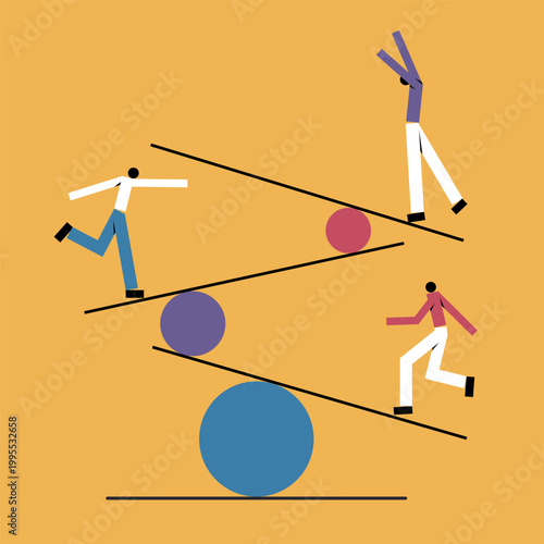 Conceptual illustration of people balancing on tilting platforms and spheres, symbolizing instability, risk, teamwork, and navigating challenges in dynamic situations