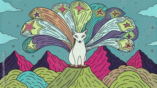 Colorful cat on a mountain with vibrant swirls and stars in a fantasy landscape