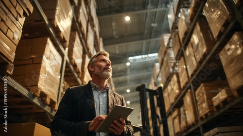 Mature businessman with a tablet stands in a warehouse filled with tall shelves of wrapped cardboard packages