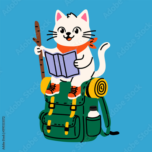 Adventurous Cat Reading a Map on a Backpack