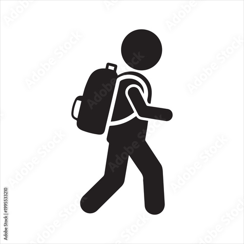 A simple black silhouette icon of a person walking and carrying a backpack on their back