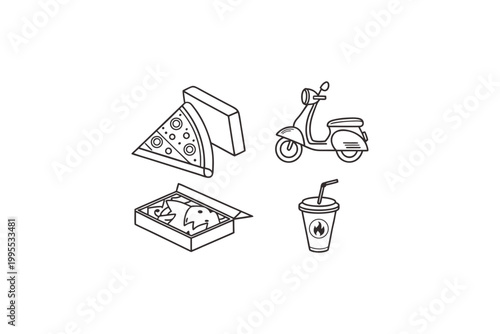 food icons pizza slice box delivery scooter