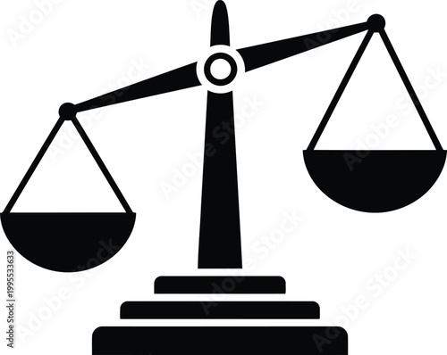 Justice scales icon with tilted balance beam on tiered black pedestal.