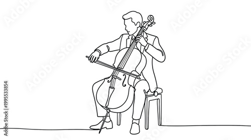 Continuous line drawing of a man playing the cello minimalist vector illustration of a musician performing with a string instrument