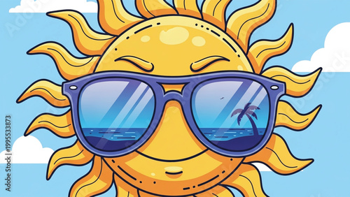 A cartoon sun wearing sunglasses with a tropical island reflection in the lenses on a sunny day with clouds