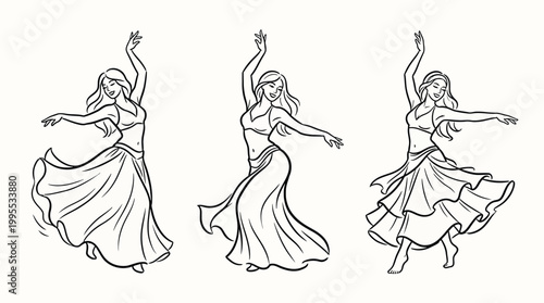 Set of three graceful belly dancers in flowing skirts performing traditional oriental folk dance, elegant line art illustration of women dancing with expressive hand movements and dynamic poses