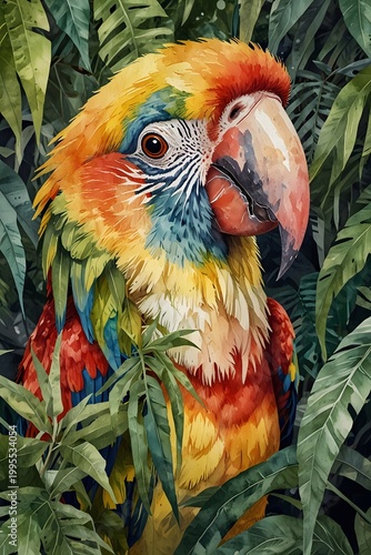 Parrot peering through jungle vines and leaves