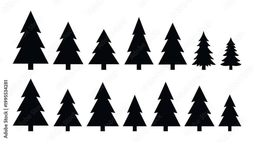 Fototapeta premium Set of black pine tree silhouettes