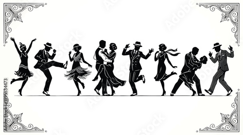 Vintage 1920s jazz age dancers silhouette illustration roaring twenties flappers and gentlemen in suits dancing at a gatsby style party retro art deco design elements