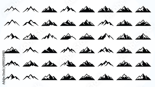 Big set of mountain icons and silhouettes collection of peak symbols for nature, outdoor adventure, hiking, climbing and travel designs minimalist landscape elements