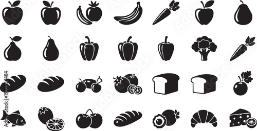 Food icons set in black and white style