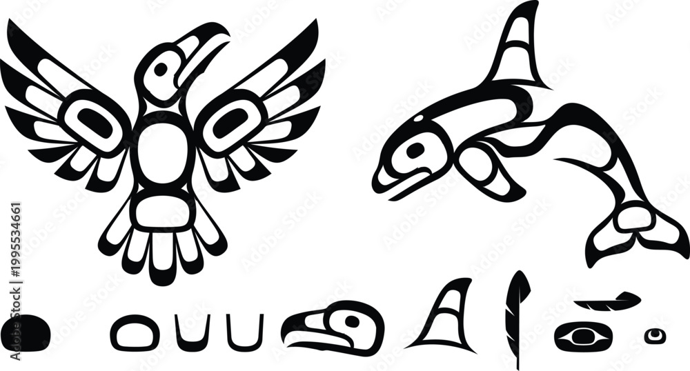 Fototapeta premium Indigenous style raven and orca totem set with abstract symbols and feathers.