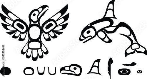 Indigenous style raven and orca totem set with abstract symbols and feathers.