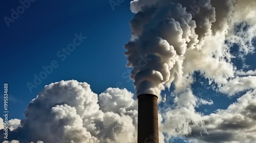 Industrial chimney emitting thick plumes of white smoke against a bright blue sky with dramatic clouds, symbolizing pollution and environmental impact