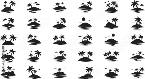 Tropical Island Silhouettes with Palm Trees and Water