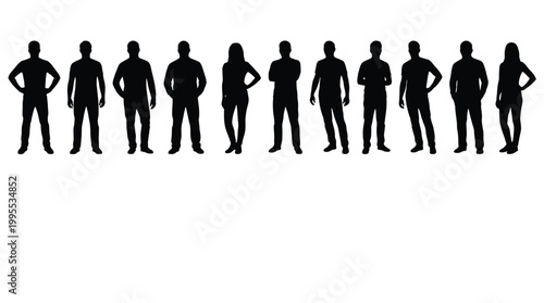 Silhouettes of diverse group of people standing in a row, men and women figures, team or community concept