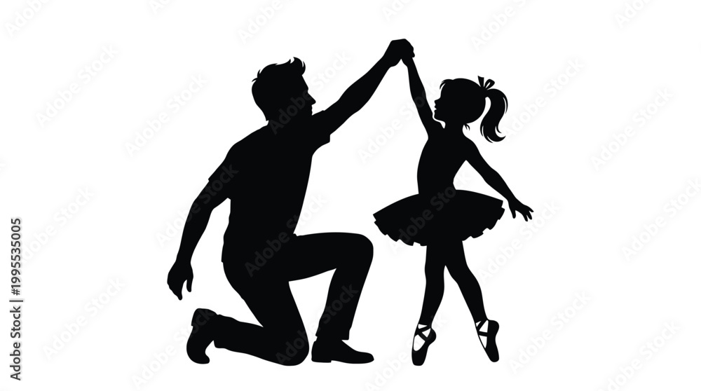 Fototapeta premium Silhouette of a father kneeling and dancing with his little daughter wearing a tutu