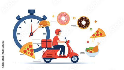 Food delivery concept illustration showing a courier on a scooter with a stopwatch and various food items like pizza, donuts, and chicken.