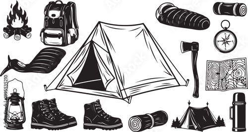 Camping Gear and Equipment Illustration Set for Outdoors