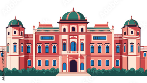 Symmetrical architectural illustration of a grand historical palace or museum building with multiple domes, windows, and lush green bushes.