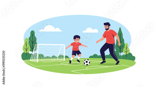 Father and his young son playing a game of soccer together on a green grass field with a goal post and trees in the background.