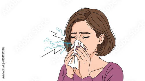 Woman with closed eyes sneezing into a paper tissue while suffering from common cold or seasonal allergies with a white background.