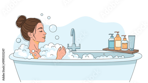 Young woman relaxing and enjoying a bath in a white tub full of fluffy soap bubbles with beauty products on a tray next to her.