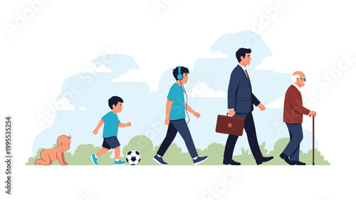 Evolution of man from infancy to old age shown through distinct stages of growth in a natural outdoor park setting.