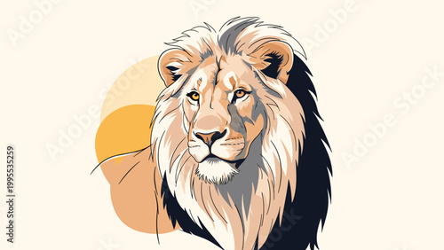 Majestic lion portrait with a detailed mane and intense gaze depicted in a stylized vector art style with warm colors.