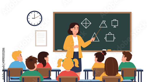 Female teacher using a pointer to explain geometric shapes on a chalkboard to attentive elementary students in class.