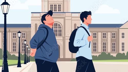 Two college students with backpacks standing in front of a majestic university campus building on a bright sunny day.