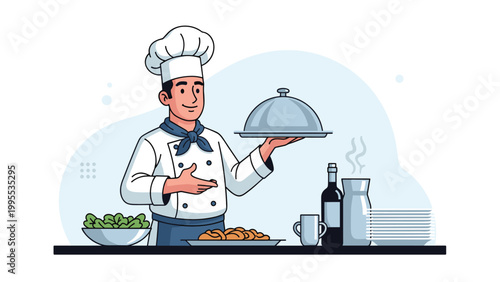 Professional chef in a white uniform and hat presenting a delicious gourmet meal on a silver cloche serving platter.