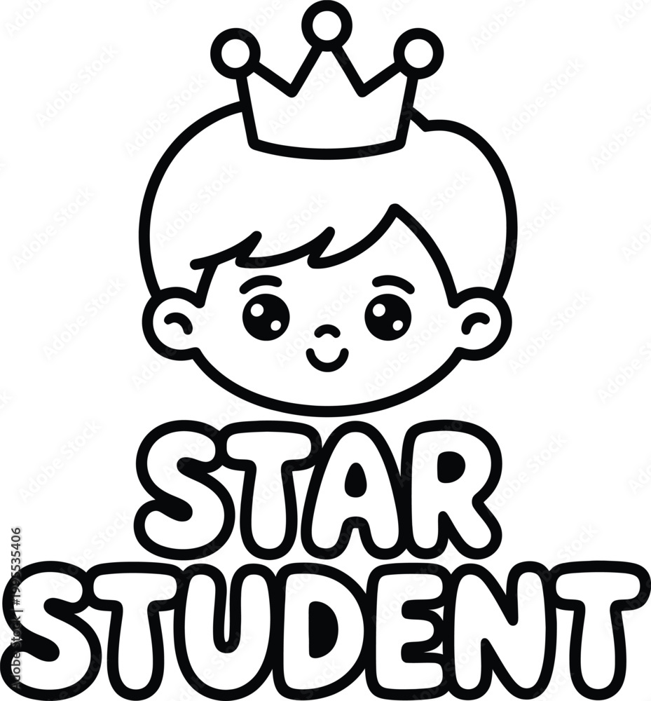 Naklejka premium Line of a child wearing a crown with star student text