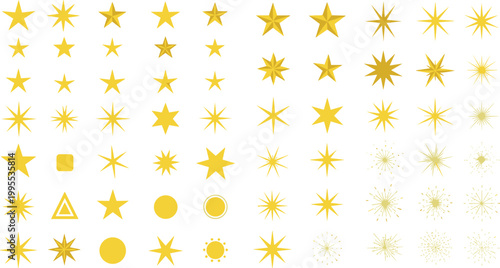 Golden Star, Sparkle, and Geometric Shape Icons in Various Designs for Decoration, Celebration, and Holiday Concepts