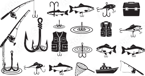 Fishing icons and equipment illustrations set collection