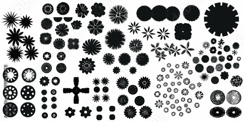 Collection of diverse black floral and radial designs on a white background