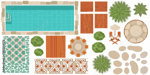 Aerial view illustration of a poolside outdoor living space design