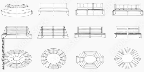 Architectural renderings of various benches and circular structures shown in grayscale