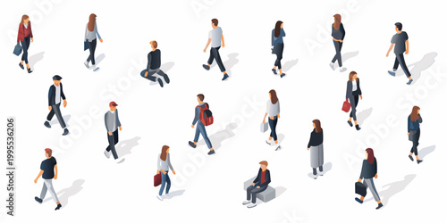 Isometric illustration depicting a diverse group of people walking and standing