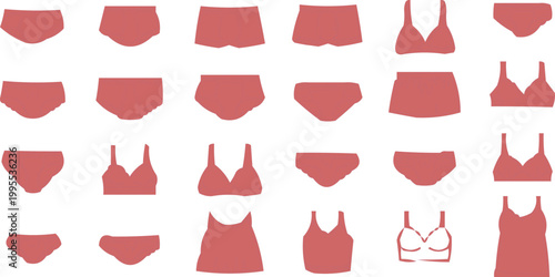 Vector illustration set of red and white fashion lingerie collection featuring bra, bikini, and woman's underwear templates for summer clothing design