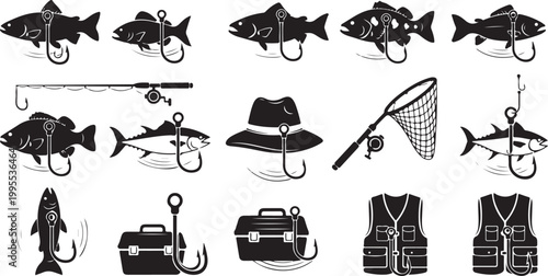 Fishing icons and equipment on white background