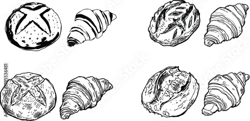 Bakery set with various types of sourdough bread and croissants in hand drawn engraving style.