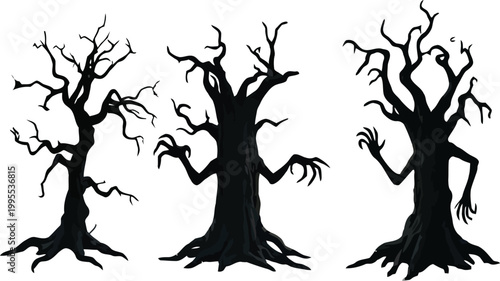 Three spooky silhouetted trees with gnarled branches and claw like limbs stand against a white background