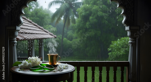 Serene Monsoon Day with Steaming Tea and Jasmine on Traditional Balcony. AI Generated