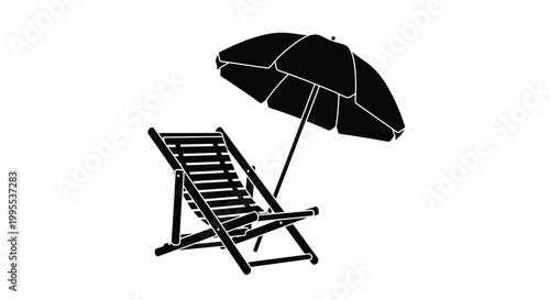 A black and white illustration of a beach chair with an open umbrella