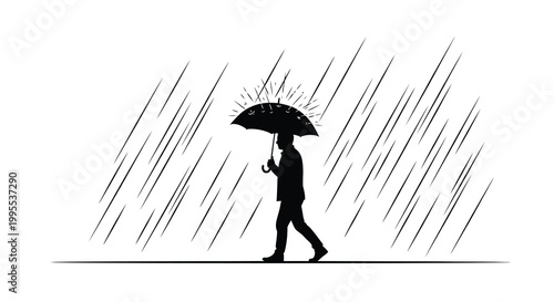 Silhouette of a person walking with an umbrella in heavy rainfall