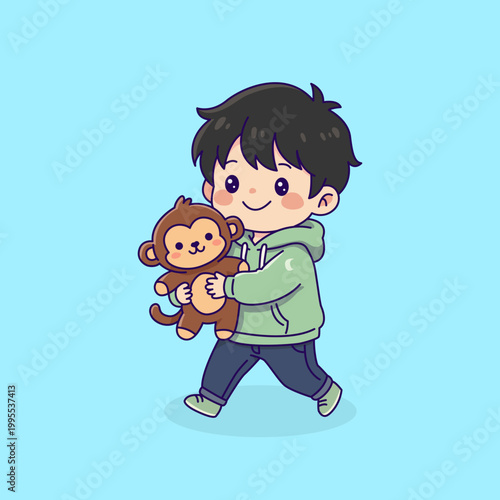 Chibi boy hugging an adorable stuffed monkey toy
